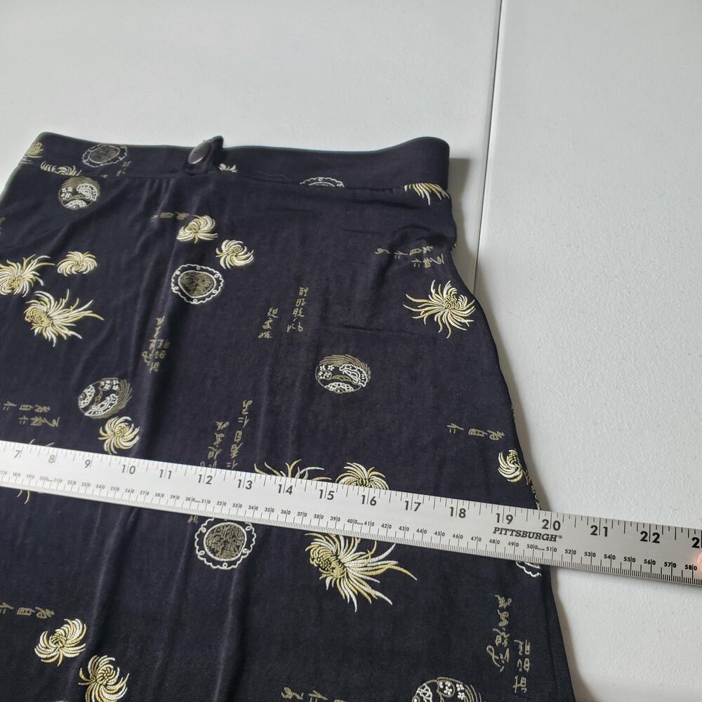 90s Asian y2k Skirt Womens Medium Black Floral A-Line Long Stretch Boho Jersey - Picture 6 of 9